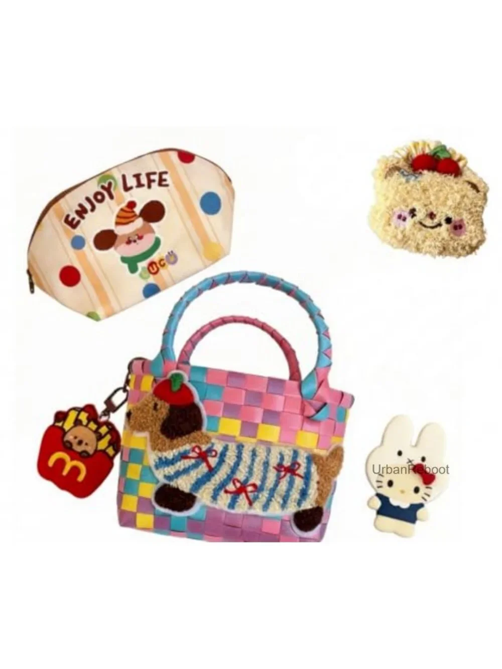 Woven Mini Tote Bag Set Womens Purse Pouch Plush Charm Hair Accessories
